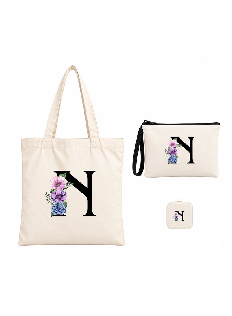 برينت شوب فور مي مجموعة هدايا (حرف مزين بالزهور): حقيبة تسوق (Tote Bag) + حقيبة صغيرة (Pouch) + علبة مجوهرات (3 في 1) - Image 1