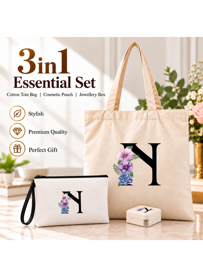 برينت شوب فور مي مجموعة هدايا (حرف مزين بالزهور): حقيبة تسوق (Tote Bag) + حقيبة صغيرة (Pouch) + علبة مجوهرات (3 في 1) - Image 2