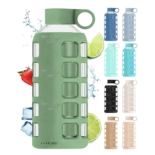 purifyou 40oz / 32oz / 22oz / 12oz Borosilicate Glass Water Bottle with Time & Volume Markers, Silicone Sleeve, Stainless Steel Lid | Reusable Glass Bottle for Water & Juice (22oz Shale Green) - Image 1