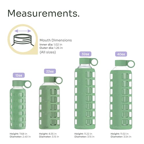 purifyou 40oz / 32oz / 22oz / 12oz Borosilicate Glass Water Bottle with Time & Volume Markers, Silicone Sleeve, Stainless Steel Lid | Reusable Glass Bottle for Water & Juice (22oz Shale Green) - Image 2