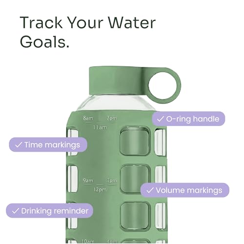 purifyou 40oz / 32oz / 22oz / 12oz Borosilicate Glass Water Bottle with Time & Volume Markers, Silicone Sleeve, Stainless Steel Lid | Reusable Glass Bottle for Water & Juice (22oz Shale Green) - Image 3