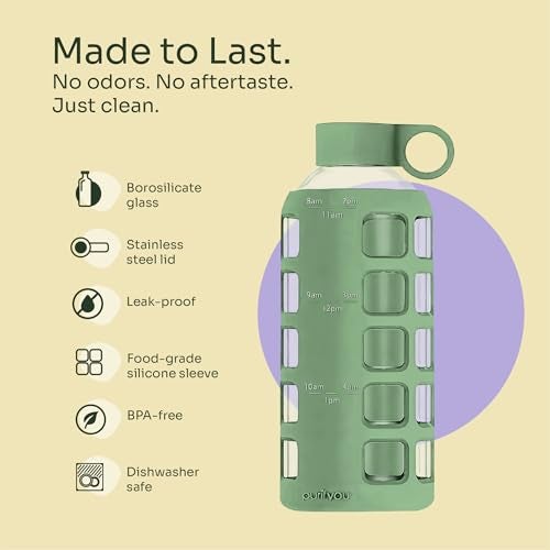 purifyou 40oz / 32oz / 22oz / 12oz Borosilicate Glass Water Bottle with Time & Volume Markers, Silicone Sleeve, Stainless Steel Lid | Reusable Glass Bottle for Water & Juice (22oz Shale Green) - Image 5