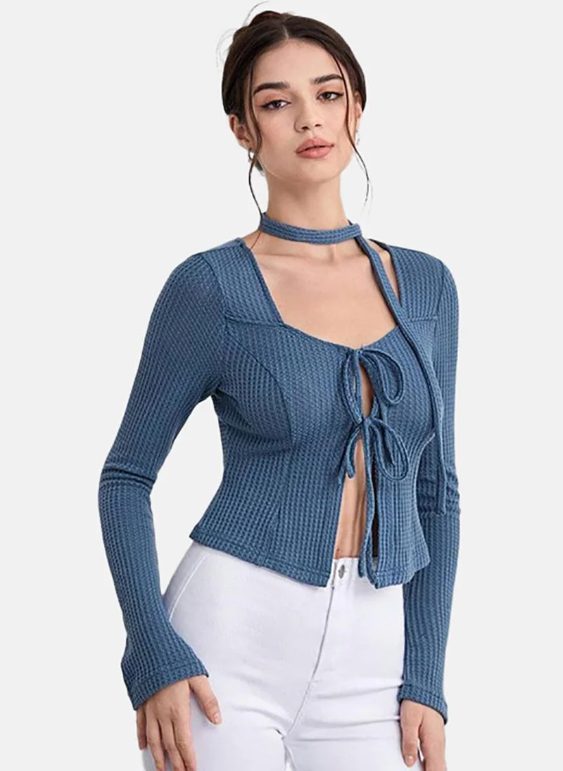 يونيكي Blue Solid Slim Fit Long Sleeve Top
