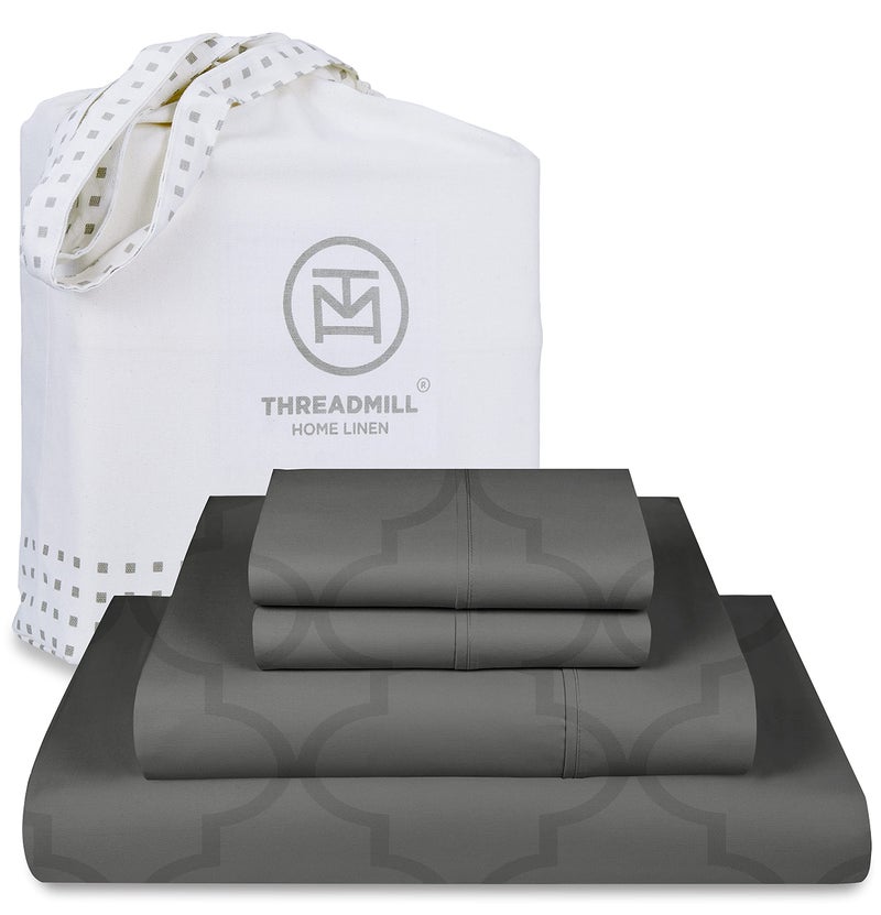 Threadmill Cotton Queen Sheet Set - 100% Cotton Damask Jacquard Sheets With 16" Deep Pocket - Soft Sateen Weave 4-Piece Cooling Bedding for Queen Size Bed - Dark Grey - Image 1