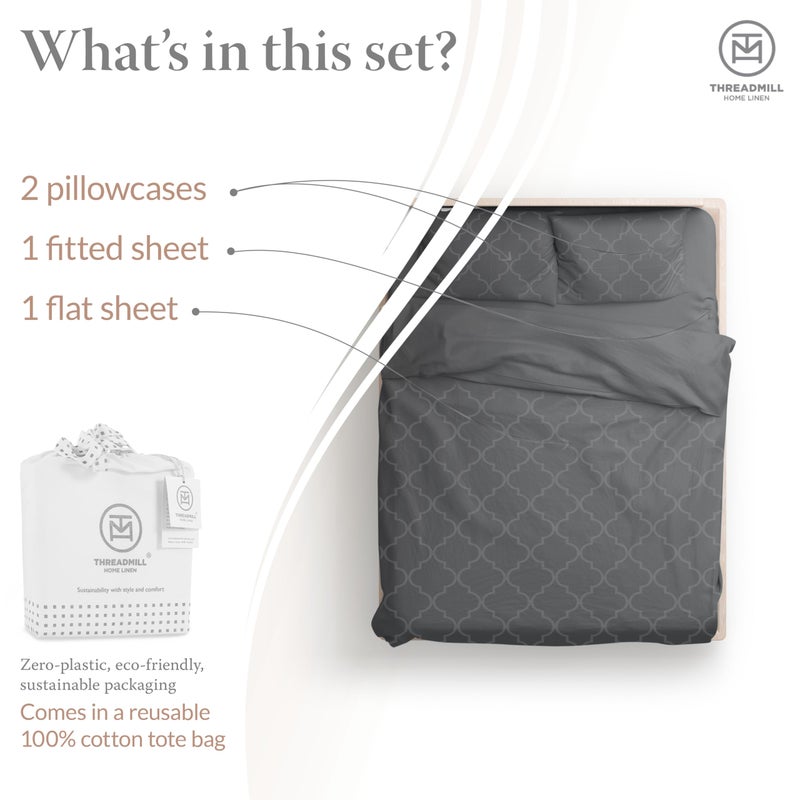Threadmill Cotton Queen Sheet Set - 100% Cotton Damask Jacquard Sheets With 16" Deep Pocket - Soft Sateen Weave 4-Piece Cooling Bedding for Queen Size Bed - Dark Grey - Image 3