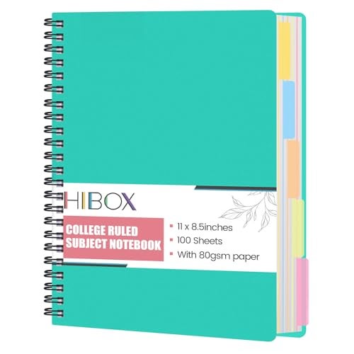 HIBOX Spiral Notebook with Tabs, 8.5x11inch Hardcover College Ruled Journals with Deviders 5 Subject Project Notebook Perforated Edges for School Office, Green - Image 1