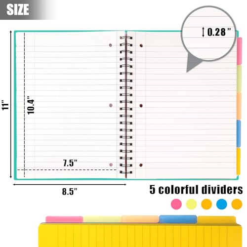 HIBOX Spiral Notebook with Tabs, 8.5x11inch Hardcover College Ruled Journals with Deviders 5 Subject Project Notebook Perforated Edges for School Office, Green - Image 5