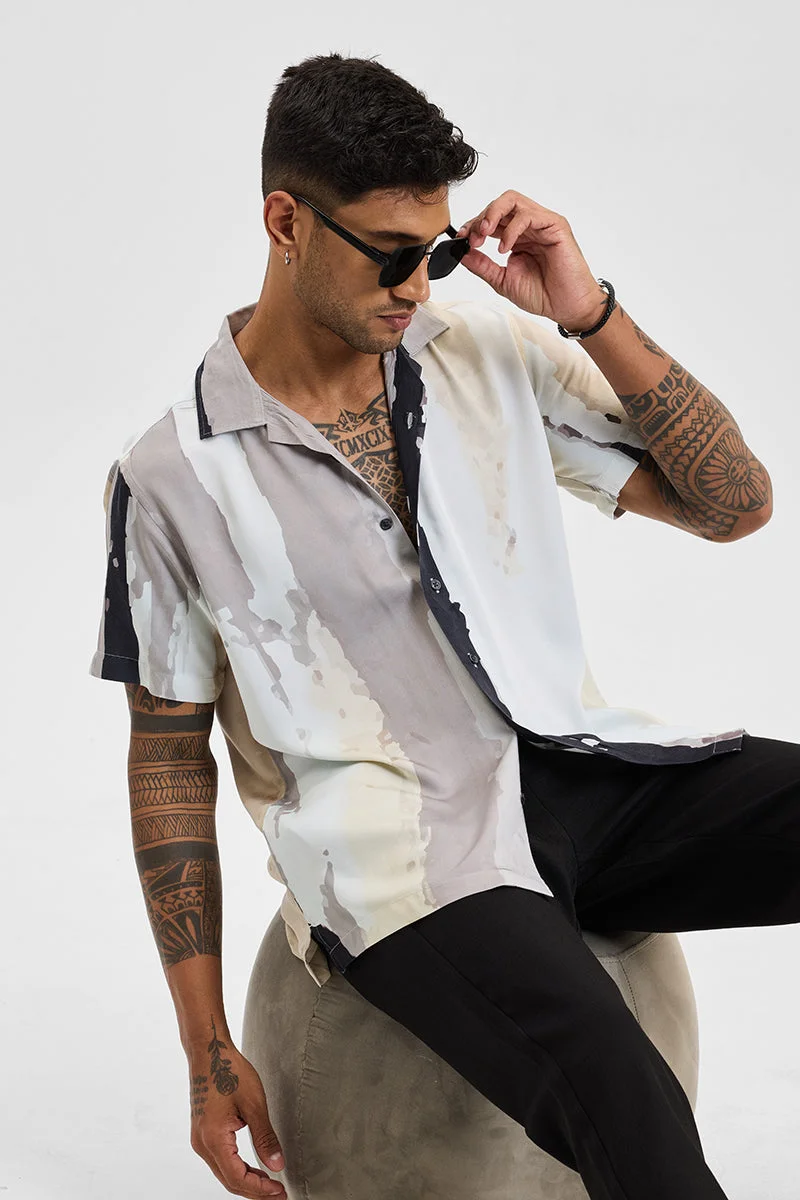 سنيتش Grey Abstract Half Sleeve Boxy Casual Shirt