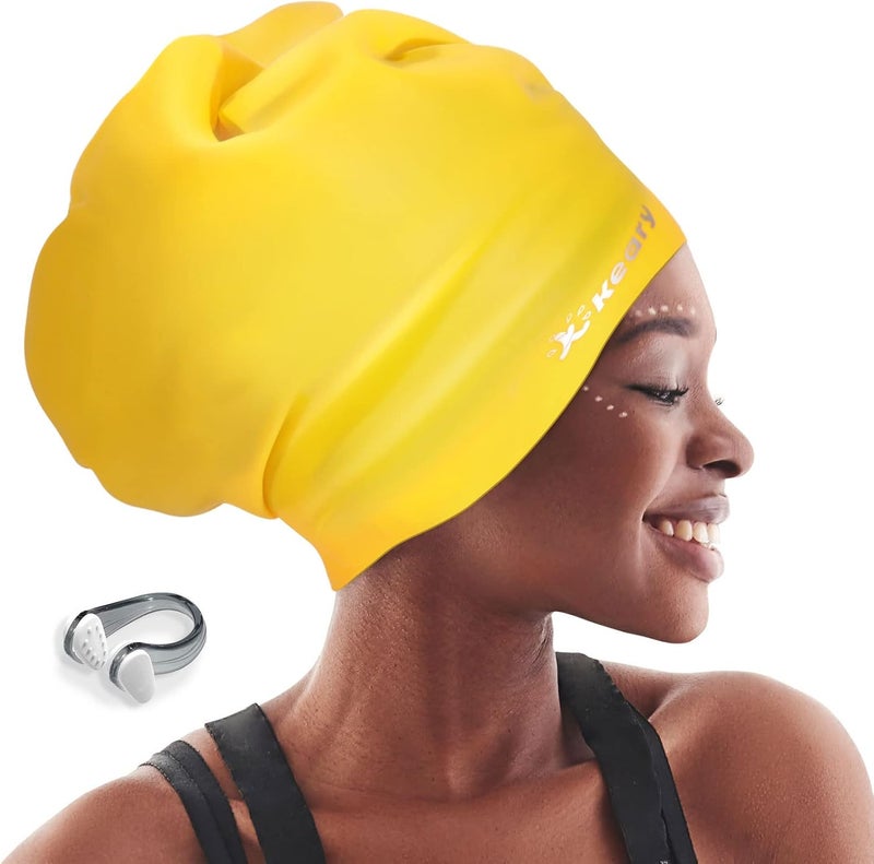 Keary Extra Large Swim Cap for Braids and Dreadlocks Extensions Weaves Long Hair, Waterproof Silicone Cover Ear Bath Pool Shower Swimming Cap for Adult Youth to Keep Hair Dry, Easy to Put On and Off - Image 1