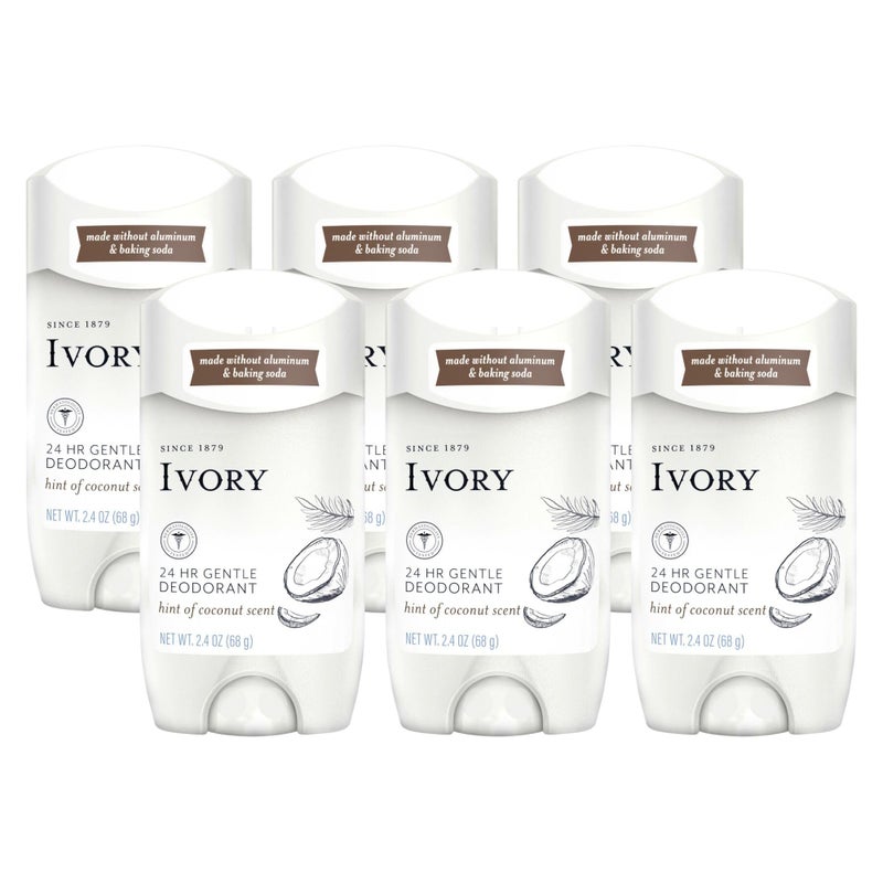 Ivory Aluminum Free Deodorant, Hint of Coconut, 24hr Gentle Deodorant, Dermatologist Tested, Baking Soda Free, Paraben Free, 2.4oz (Pack of 6) - Image 1