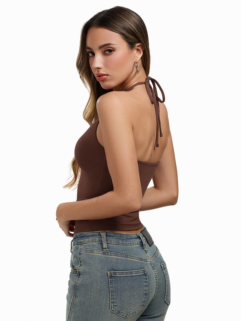 REORIA Women's Tie Halter Tank Tops Basic Scoop Neck Backless Double Lined Going Out Outfits Cute Summer Trendy Sleeveless Shirts Brown - Image 3