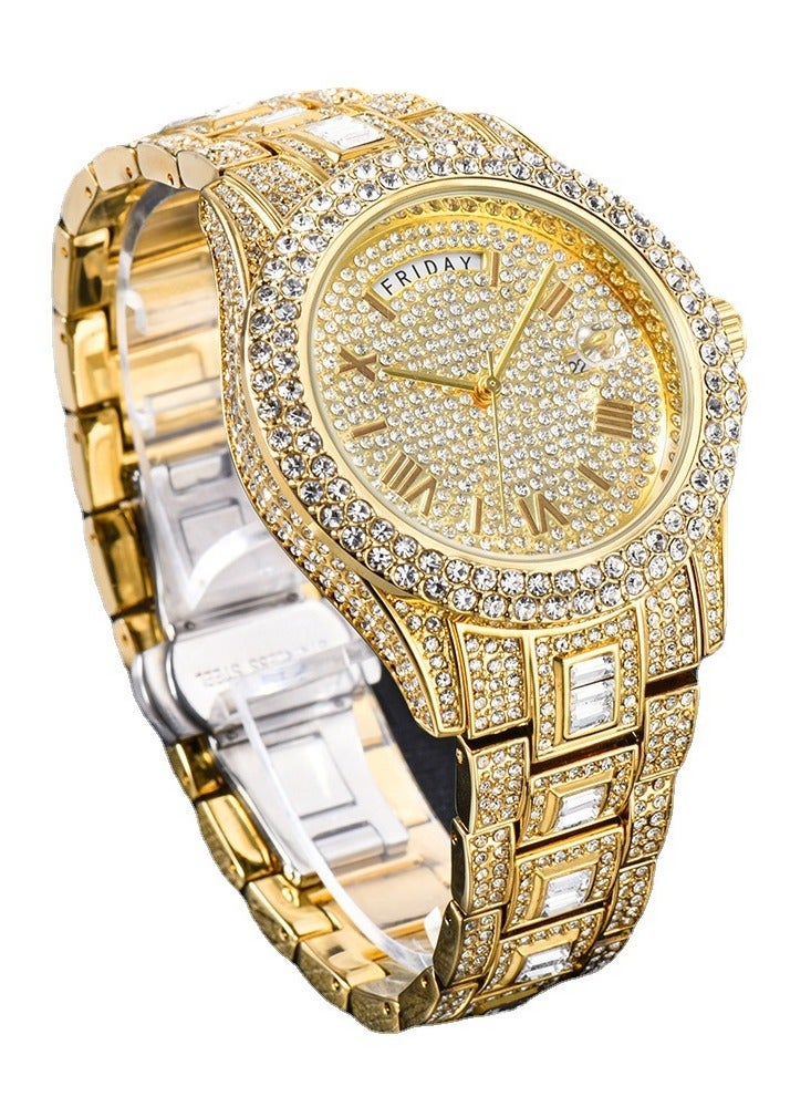 MISS FOX ساعة رجال كواتز مزدوجة التقويم مرصعة بالألماس بالكامل - Image 1