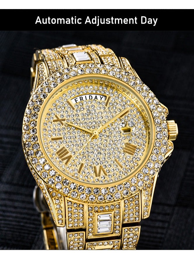 MISS FOX ساعة رجال كواتز مزدوجة التقويم مرصعة بالألماس بالكامل - Image 4