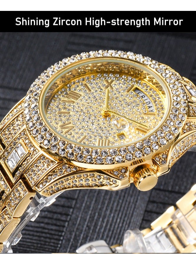 MISS FOX ساعة رجال كواتز مزدوجة التقويم مرصعة بالألماس بالكامل - Image 3