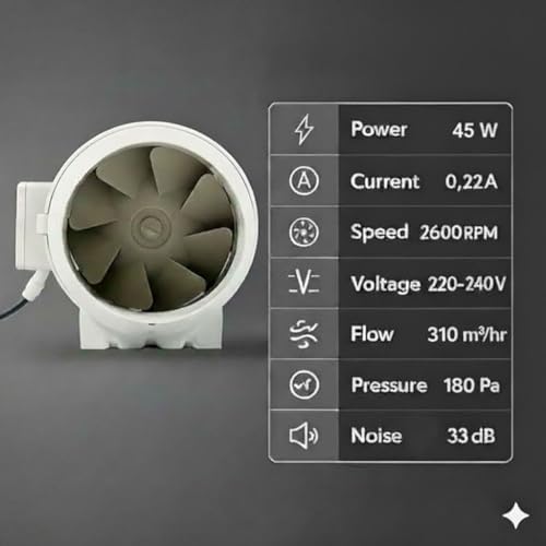 Ardnib Inline Duct Fan 6Inch/150mm | Silent Mix Flow Fan | Duct Exhaust Fan | Inline Exhaust Fan | Circular Inline Fan|Air Circulation System| White | 70W Copper Motor | 2 Speed | Air Flow 540m3/h - Image 2