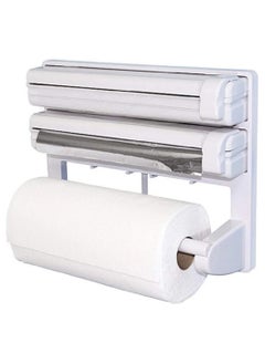 3 in 1 Kitchen Triple Paper Dispenser & Holder Paper/Foil/Cling Wrap - 3 in 1 Wrap Centre Holds Silver Foil, Plastic Wrap, and Paper Towels-White