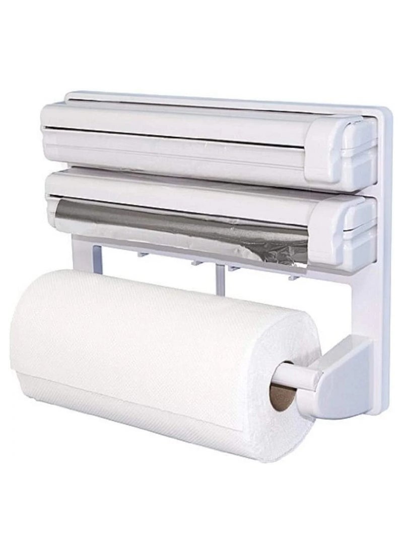 Generic - 3 in 1 Kitchen Triple Paper Dispenser & Holder Paper/Foil/Cling Wrap - 3 in 1 Wrap Centre Holds Silver Foil, Plastic Wrap, and Paper Towels-White - Image 1