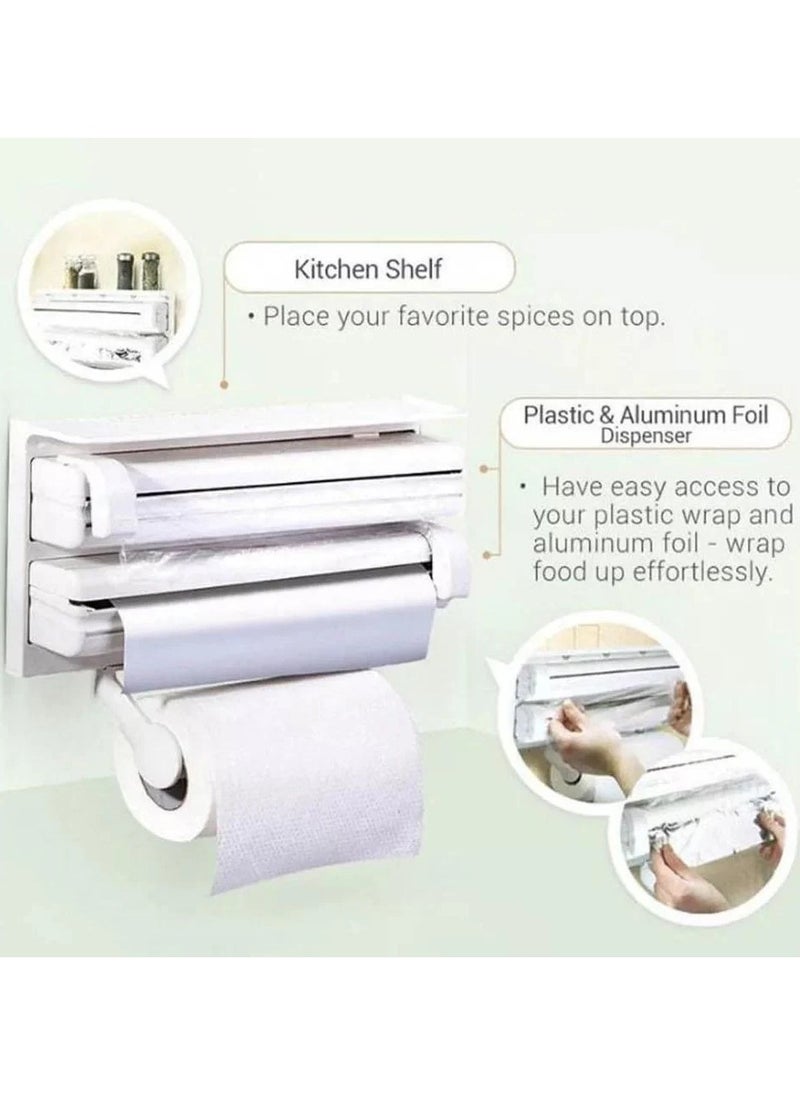 Generic - 3 in 1 Kitchen Triple Paper Dispenser & Holder Paper/Foil/Cling Wrap - 3 in 1 Wrap Centre Holds Silver Foil, Plastic Wrap, and Paper Towels-White - Image 1