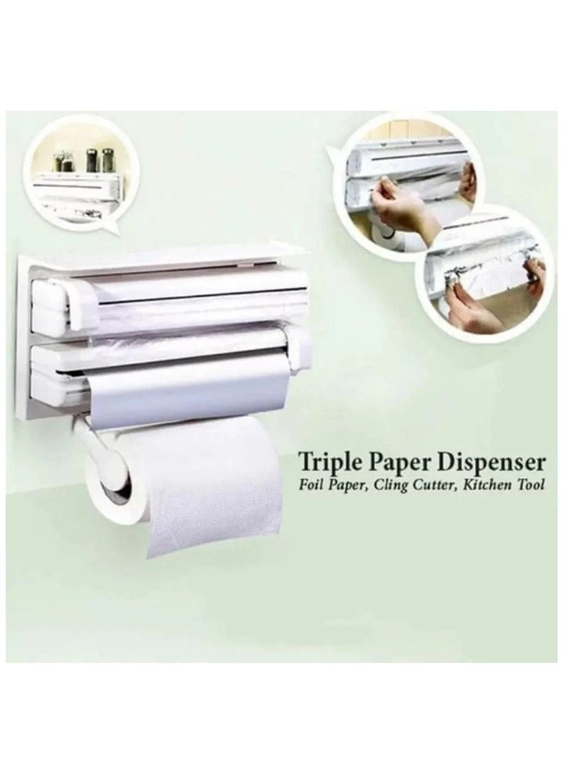 Generic - 3 in 1 Kitchen Triple Paper Dispenser & Holder Paper/Foil/Cling Wrap - 3 in 1 Wrap Centre Holds Silver Foil, Plastic Wrap, and Paper Towels-White - Image 1