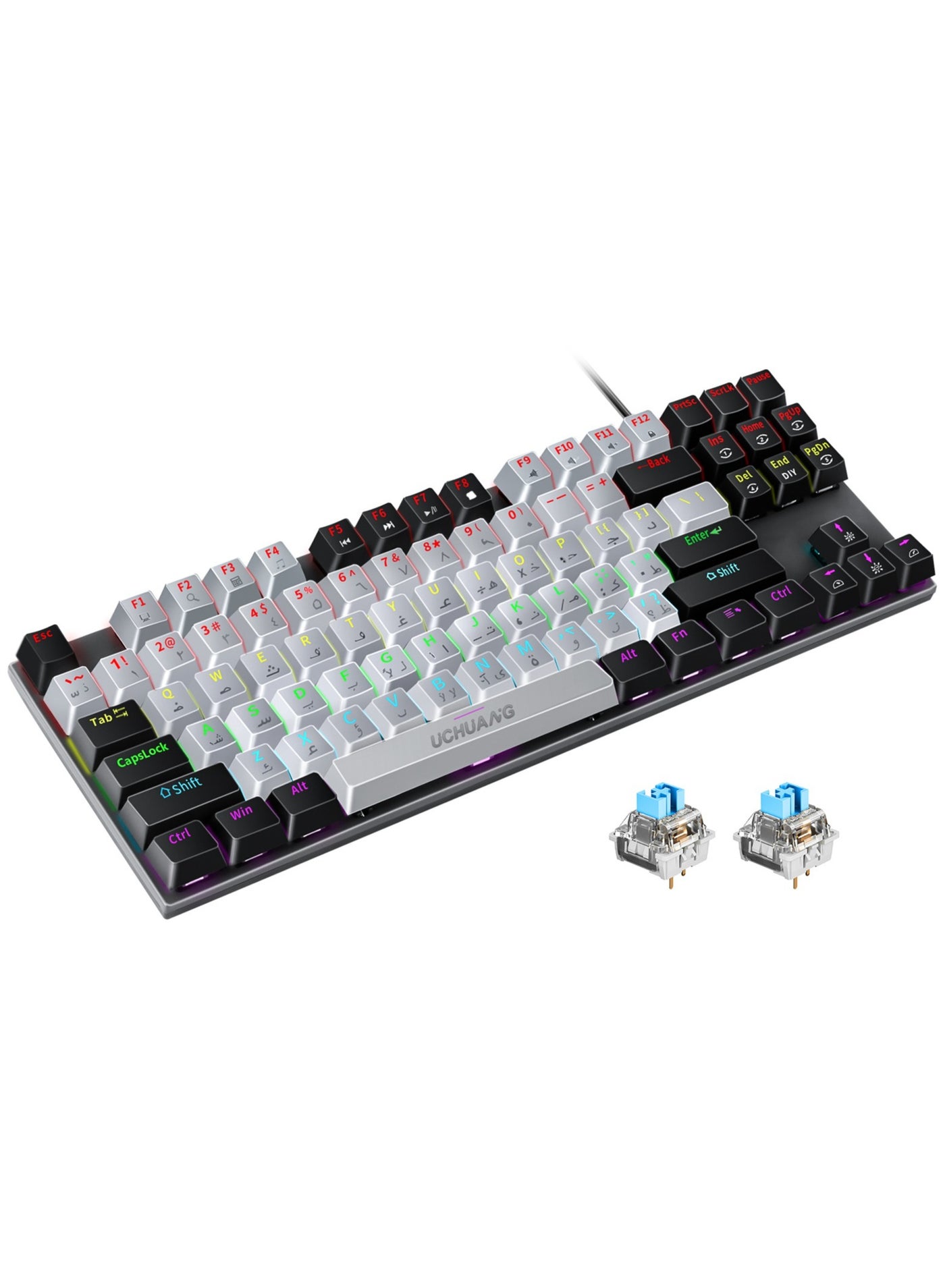 English Arabic Mechanical Gaming Keyboard with RGB LED Rainbow Backlit,Hot Swappable,Quick Response USB Wired Waterproof 87 Keys Keyboard for Windows/MacOS/Android PC Gamers - Grey Black(Blue Switch)