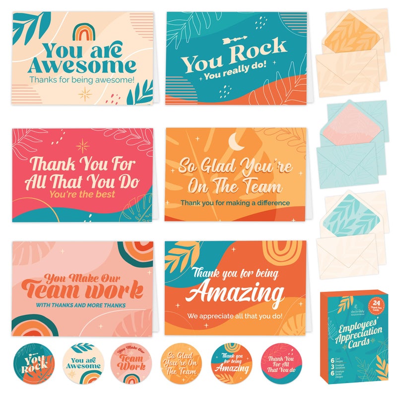 Decorably 24 Pack 6x4in Employee Appreciation Cards with Envelopes and Stickers, 6 Retro Designs Staff Appreciation Cards, Blank Inside - Promotion, Recognition, Work Anniversary - Image 1