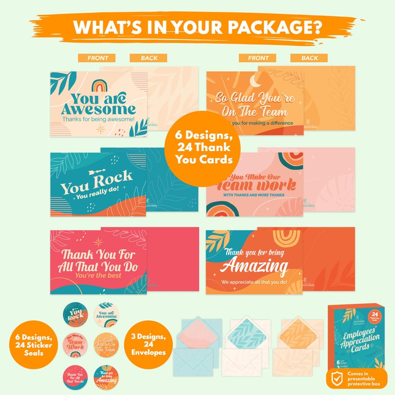 Decorably 24 Pack 6x4in Employee Appreciation Cards with Envelopes and Stickers, 6 Retro Designs Staff Appreciation Cards, Blank Inside - Promotion, Recognition, Work Anniversary - Image 2