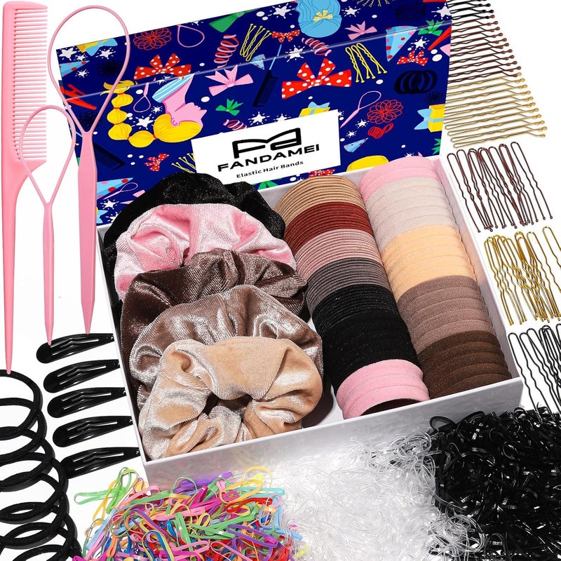 FANDAMEI Hair Ties Kit Hair Ties for Women Velvet Scrunchies for Hair Hair Elastic Rubber Bands Seamless Hair Ties Hair Clips Bobby Pins U Shaped Hair Pins for Styling Hair Accessories Kit