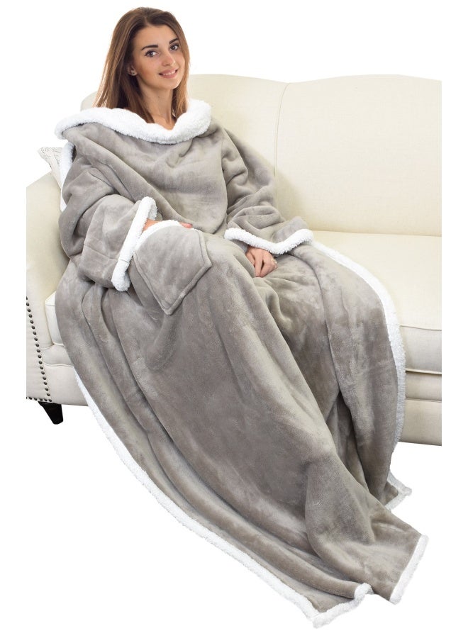 Catalonia بطانية شيربا من الفليس مع أكمام وجيب، بطانية دافئة قابلة للارتداء للبالغين، 72 × 55 - Image 1