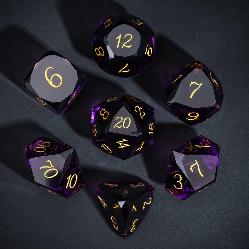 UDIXI 7Piece Glass Dice Set DD MultiFaceted DiamondCut Glass DND Dice for RPG Tabletop Games Purple - Image 3