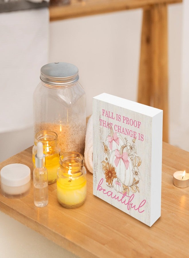 BCUANGD Coquette Pumpkin Desk Decor Decorations - Trendy Autumn Fall Wooden Box Sign, Pink Bows Wood Block Plaque Box Sign for Girls Room Grandmillennial Home Table Decoration, 5x5 Inches - Image 2