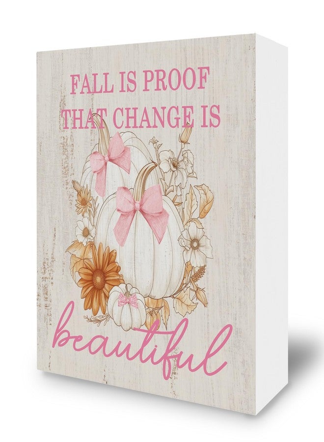 BCUANGD Coquette Pumpkin Desk Decor Decorations - Trendy Autumn Fall Wooden Box Sign, Pink Bows Wood Block Plaque Box Sign for Girls Room Grandmillennial Home Table Decoration, 5x5 Inches - Image 1
