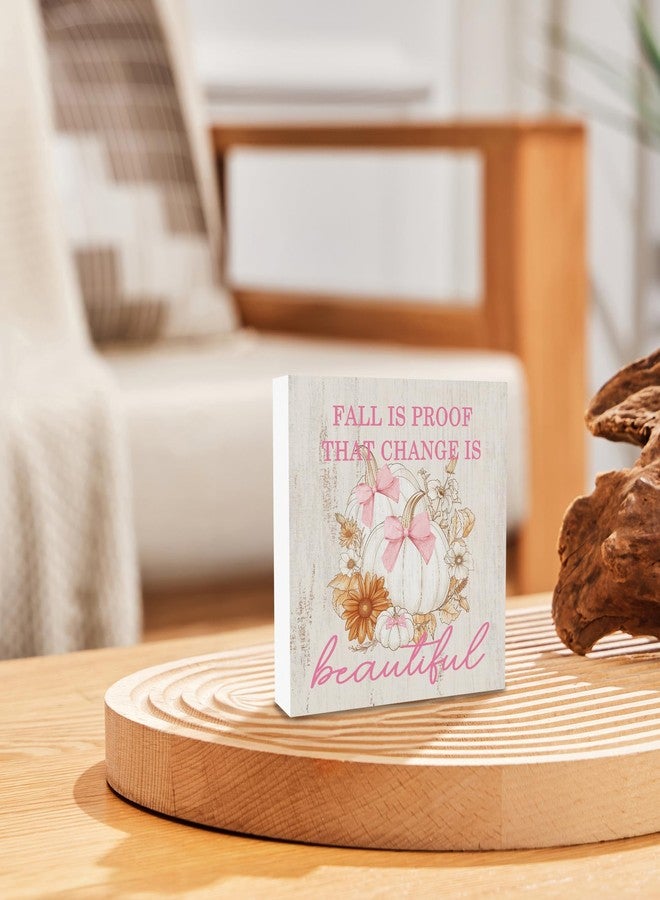 BCUANGD Coquette Pumpkin Desk Decor Decorations - Trendy Autumn Fall Wooden Box Sign, Pink Bows Wood Block Plaque Box Sign for Girls Room Grandmillennial Home Table Decoration, 5x5 Inches - Image 4