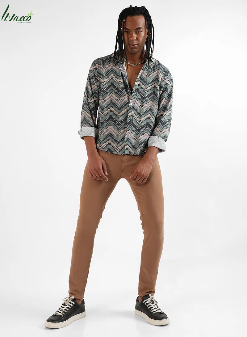 Campus Sutra Men's EcoLiva Olive Green Abstract Zig Zag Shirt
