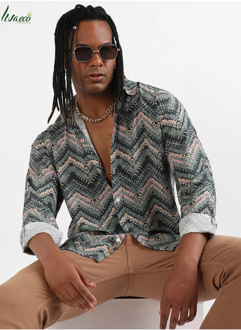 كامبوس سوترا Men's EcoLiva Olive Green Abstract Zig Zag Shirt