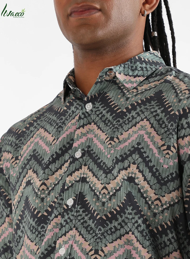 Campus Sutra Men's EcoLiva Olive Green Abstract Zig Zag Shirt