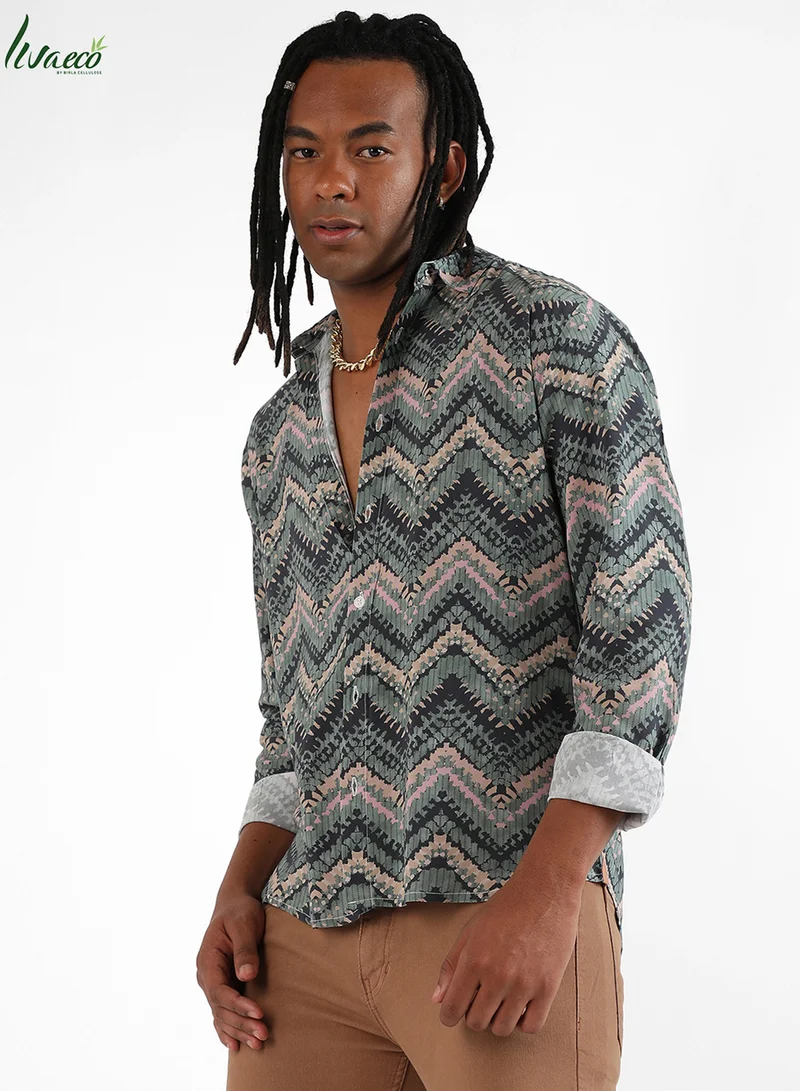 Campus Sutra Men's EcoLiva Olive Green Abstract Zig Zag Shirt