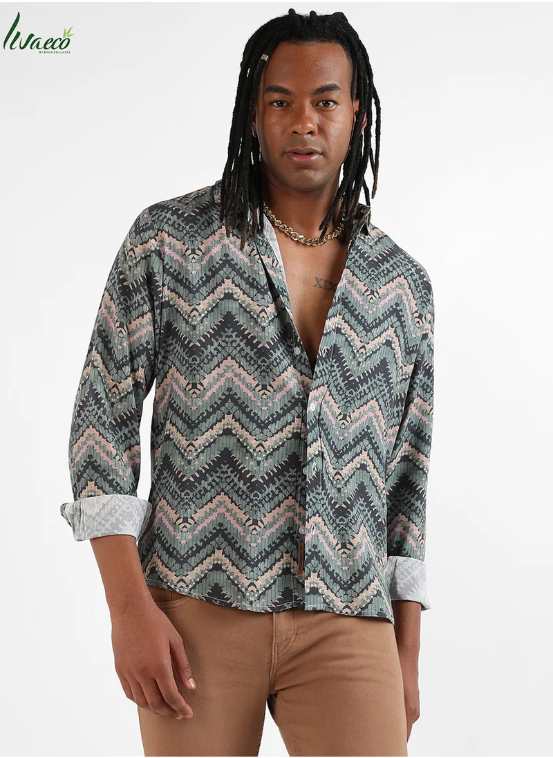 كامبوس سوترا Men's EcoLiva Olive Green Abstract Zig Zag Shirt