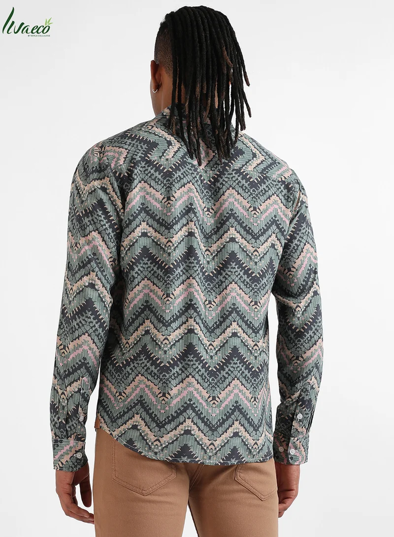 Campus Sutra Men's EcoLiva Olive Green Abstract Zig Zag Shirt