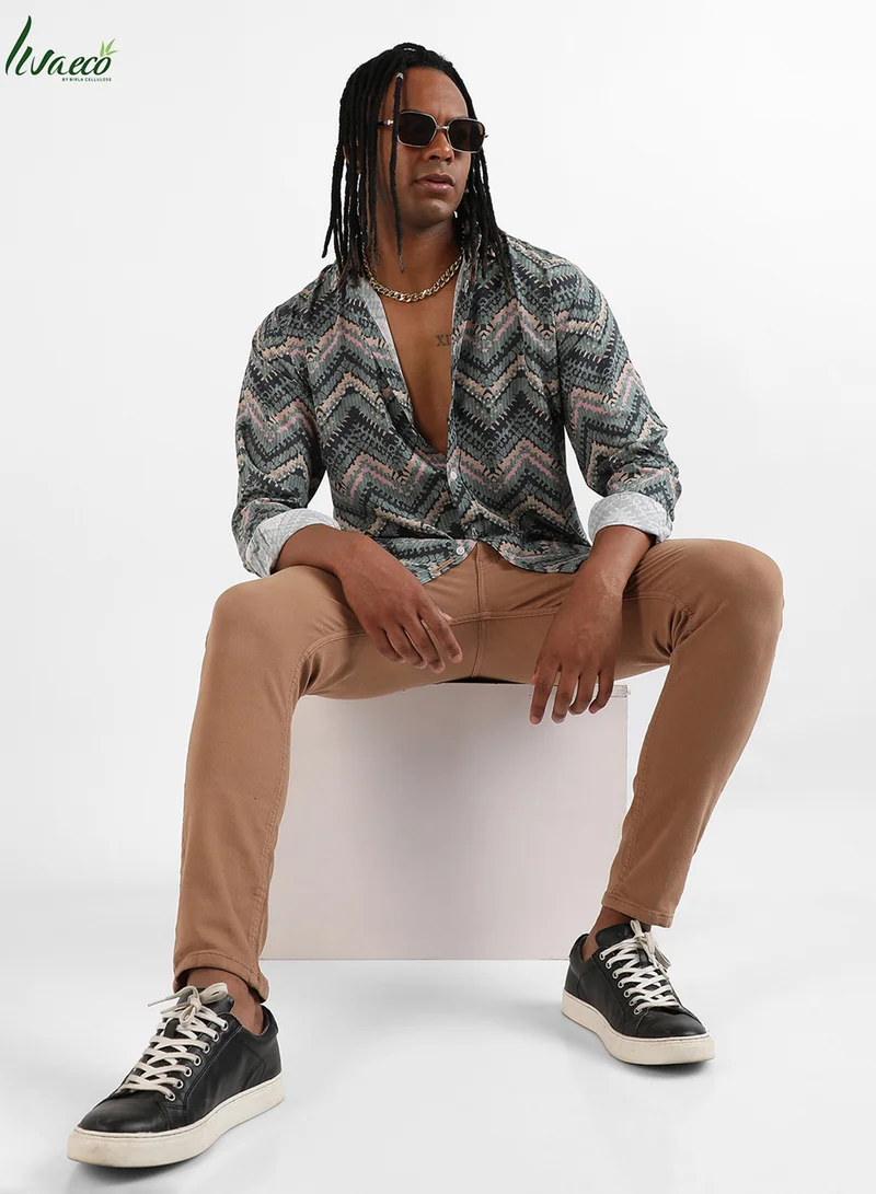 Campus Sutra Men's EcoLiva Olive Green Abstract Zig Zag Shirt