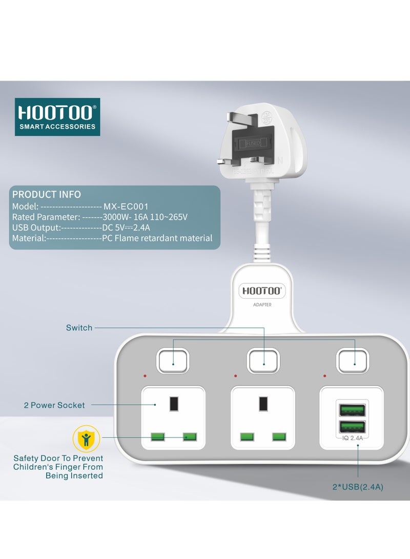 هوتو مقبس تمديد بقوة 3000 واط متعدد، موسع مخرج كهربائي بمخرجين  كهرباء مقابس تيار متردد و منفذين شحن يو اس بي (USB) متعدد الاستخدام بفوة 2.4  أمبير، توصيلة كهربائية موسعة قابلة لتدوير حتى 180 درجة وبأزرار اطفاء عند لكل منفذ، محول قابس المملكة المتحدة مناسبة للمنزل والمكتب والمطبخ سهلة الاستخدام وامنه - Image 3