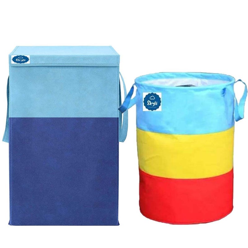 SKYLII SKYLII Laundry Bag 45 L Durable and Collapsible Laundry storage Bag Clothes Toys Storage Foldable 68 L Laundry Basket With Lid and Side Handles for Dirty Clothes Combo Pack of 2 Pc BlueMulticolour  - Image 1