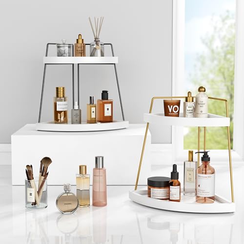 Forbena Corner Bathroom Counter Organizer, 2 Tier Bathroom Organizer Countertop, Small Bathroom Sink Top Trays Corner Shelf Stand for Makeup Vanity Perfume Skincare Decor Storage (White and Gold) - Image 5
