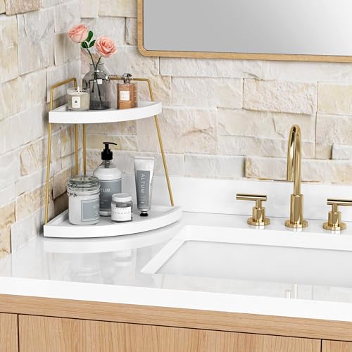 Forbena Corner Bathroom Counter Organizer, 2 Tier Bathroom Organizer Countertop, Small Bathroom Sink Top Trays Corner Shelf Stand for Makeup Vanity Perfume Skincare Decor Storage (White and Gold) - Image 2