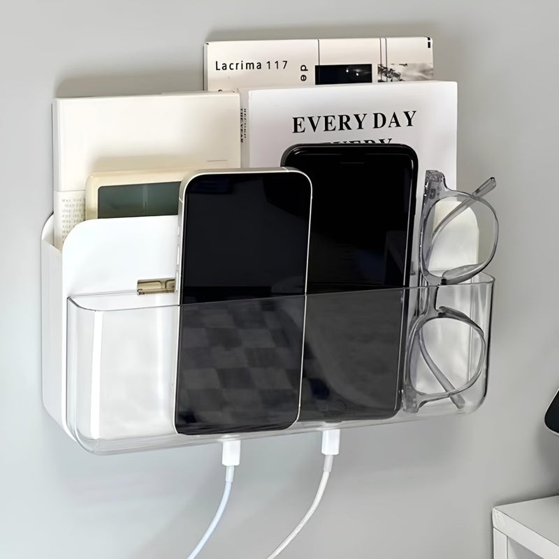 GWEOBZ Adhesive Remote Control Holder Wall Mounted Phone Charging Holder Universal Controller Holder Wall Mount Storage Organizer Box No Drilling Home Office Desk (Bedside Shelf) - Image 1