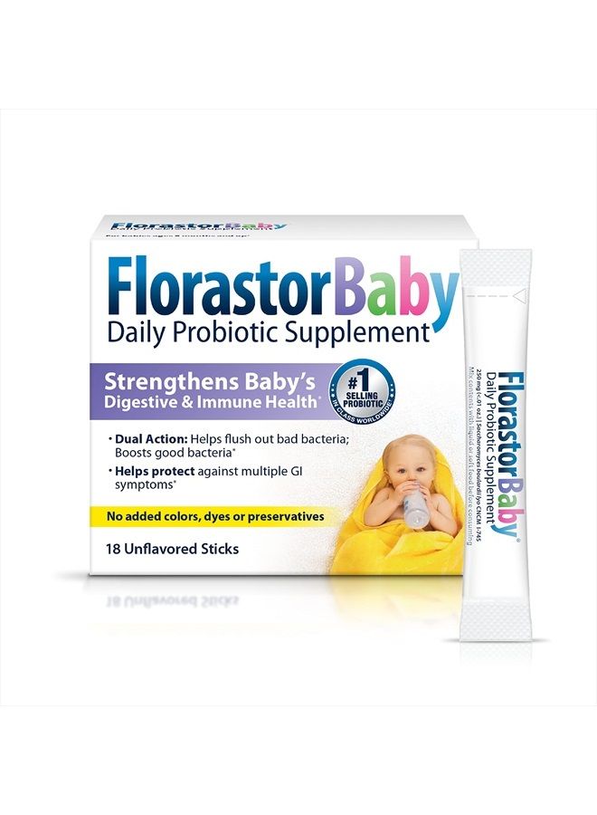 Florastor Baby Daily Probiotic Supplement, Powder Mixes with Milk, Formula or Soft Foods, Saccharomyces Boulardii CNCM I-745 (18 Powder Sticks), Pack of 1 - Image 1