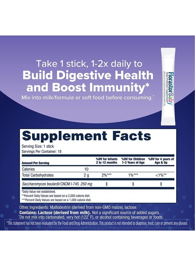 Florastor Baby Daily Probiotic Supplement, Powder Mixes with Milk, Formula or Soft Foods, Saccharomyces Boulardii CNCM I-745 (18 Powder Sticks), Pack of 1 - Image 2