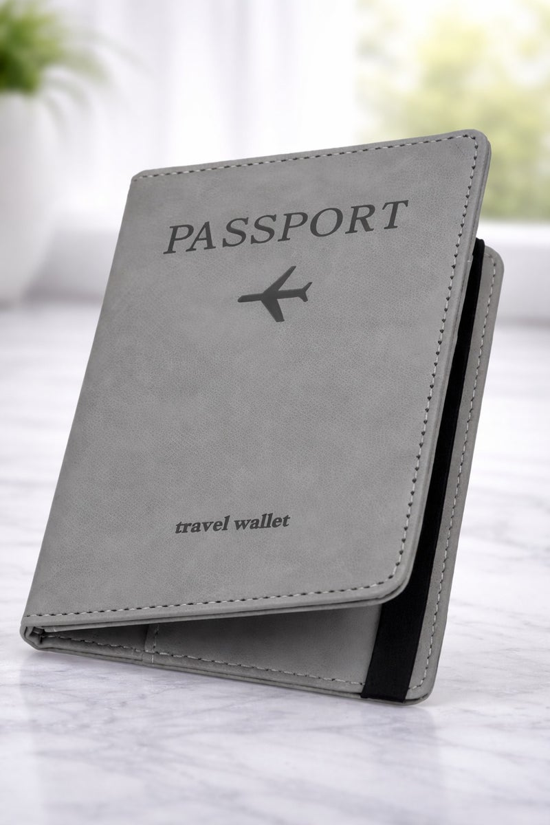 vsell24 Grey Passport Holder Wallet Cover Case with RFID Blocking, PU Leather Travel Document Holder for Men & Women - Image 1