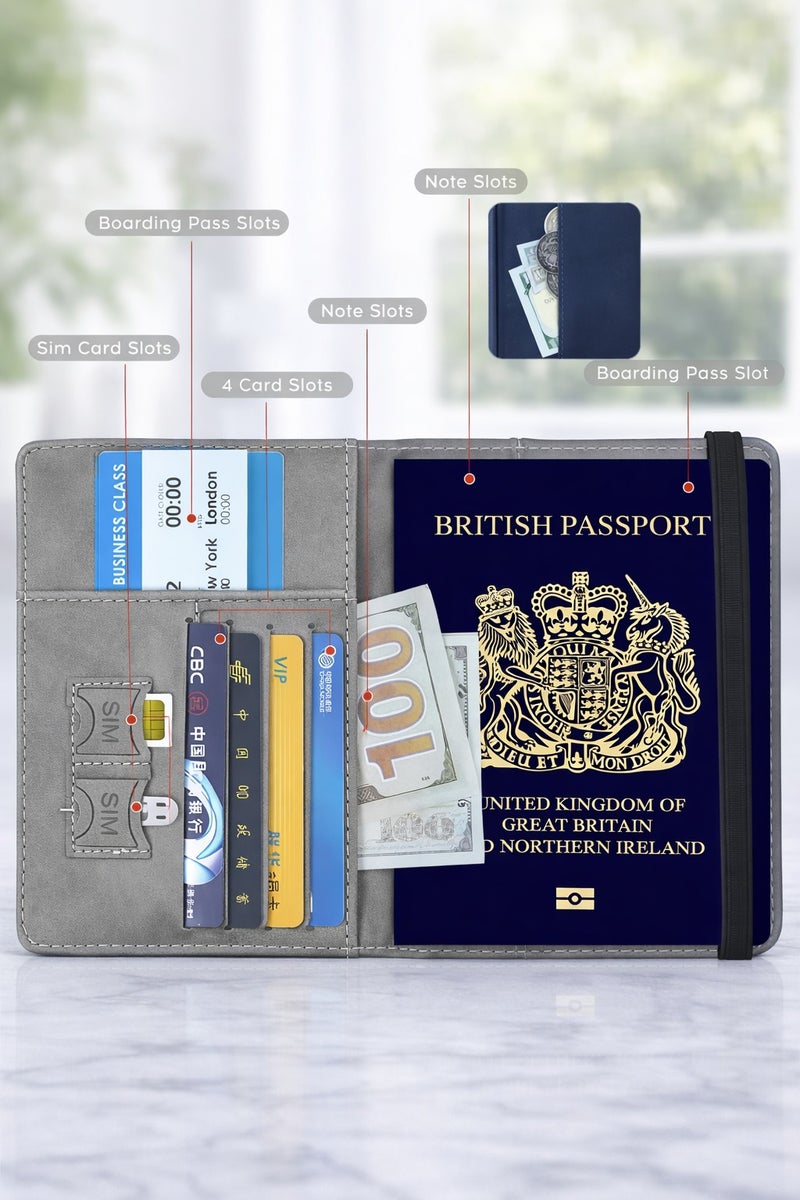 vsell24 Grey Passport Holder Wallet Cover Case with RFID Blocking, PU Leather Travel Document Holder for Men & Women - Image 2