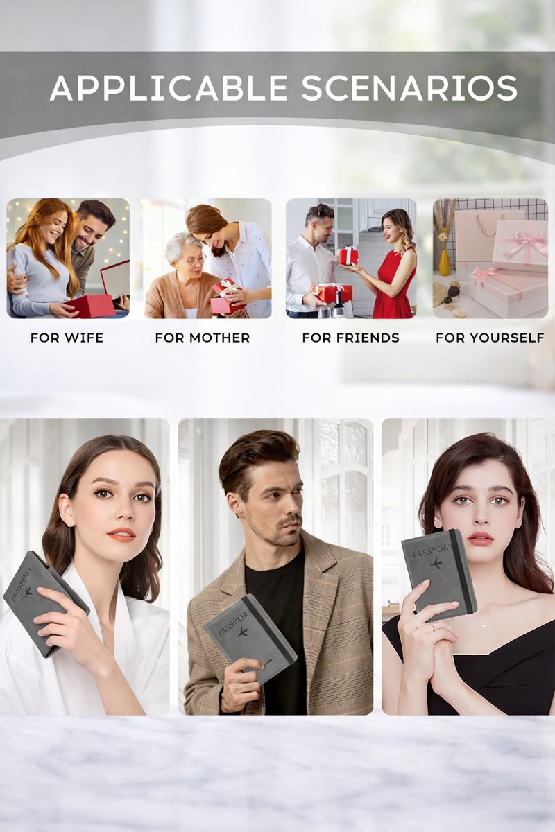 vsell24 Grey Passport Holder Wallet Cover Case with RFID Blocking, PU Leather Travel Document Holder for Men & Women - Image 3