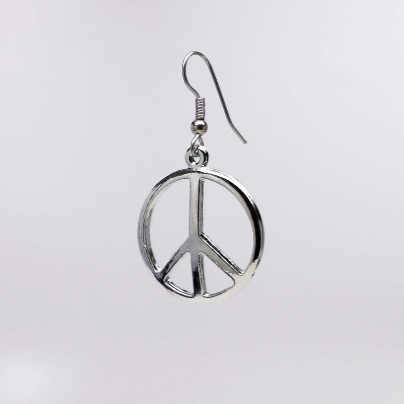 Real Metal Hippie Peace Sign Dangle Earrings Polished Silver Finish Pewter - Image 5